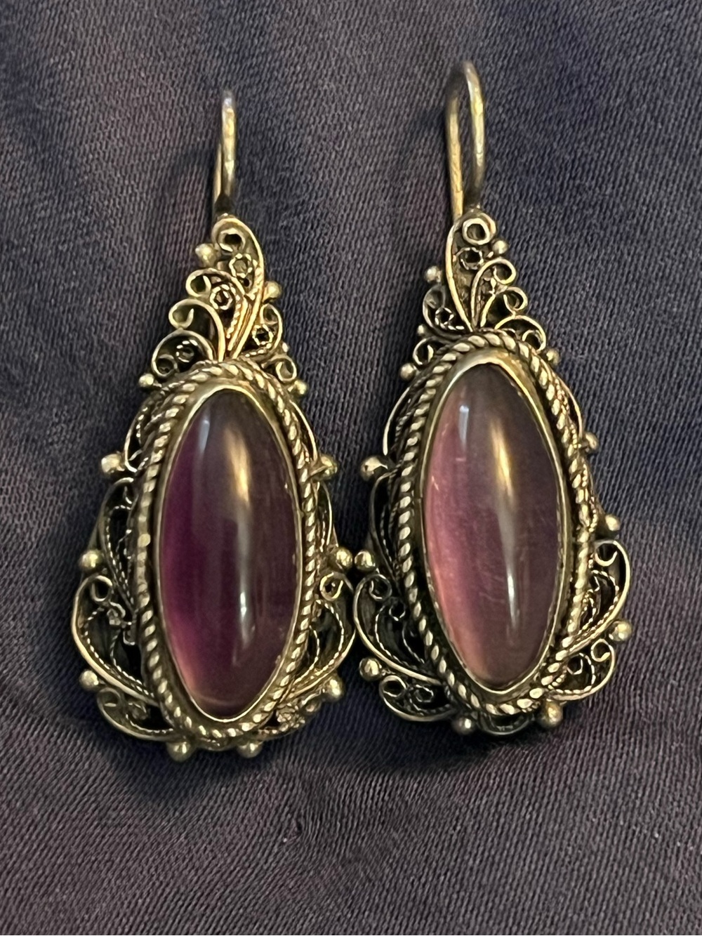 Silver tone Filigree with Purple Cabochon Ovals- Drop Earrings